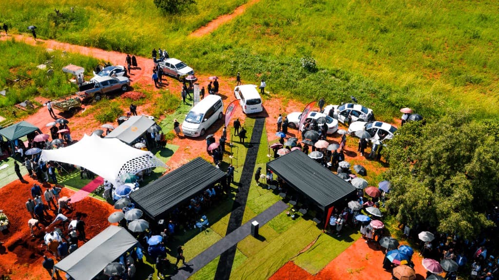 Aerial view of a graveside gathering